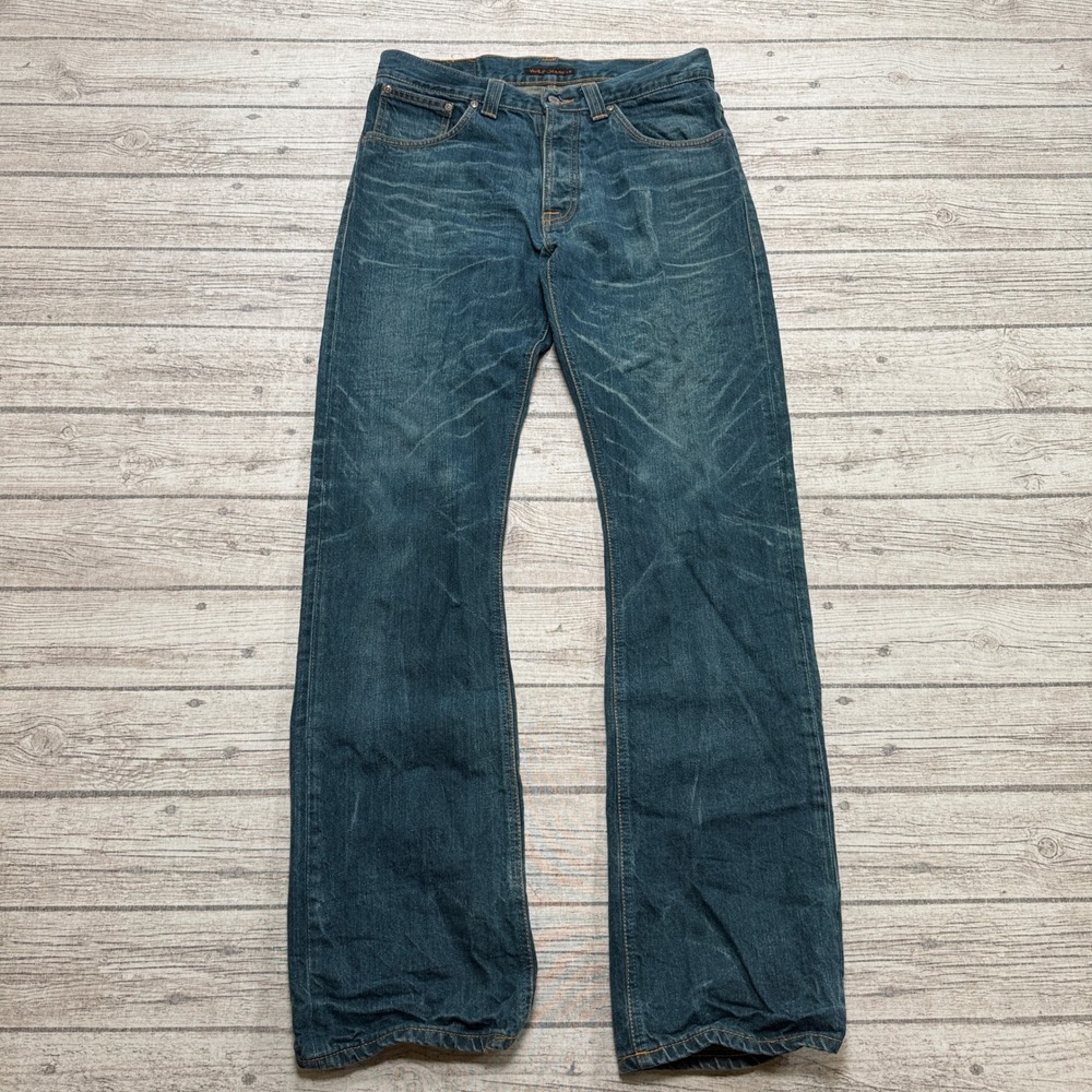 Y2K Nudie Jeans Men's 32x34 Blue Denim Straight Leg Cotton Mid Rise Whiskered